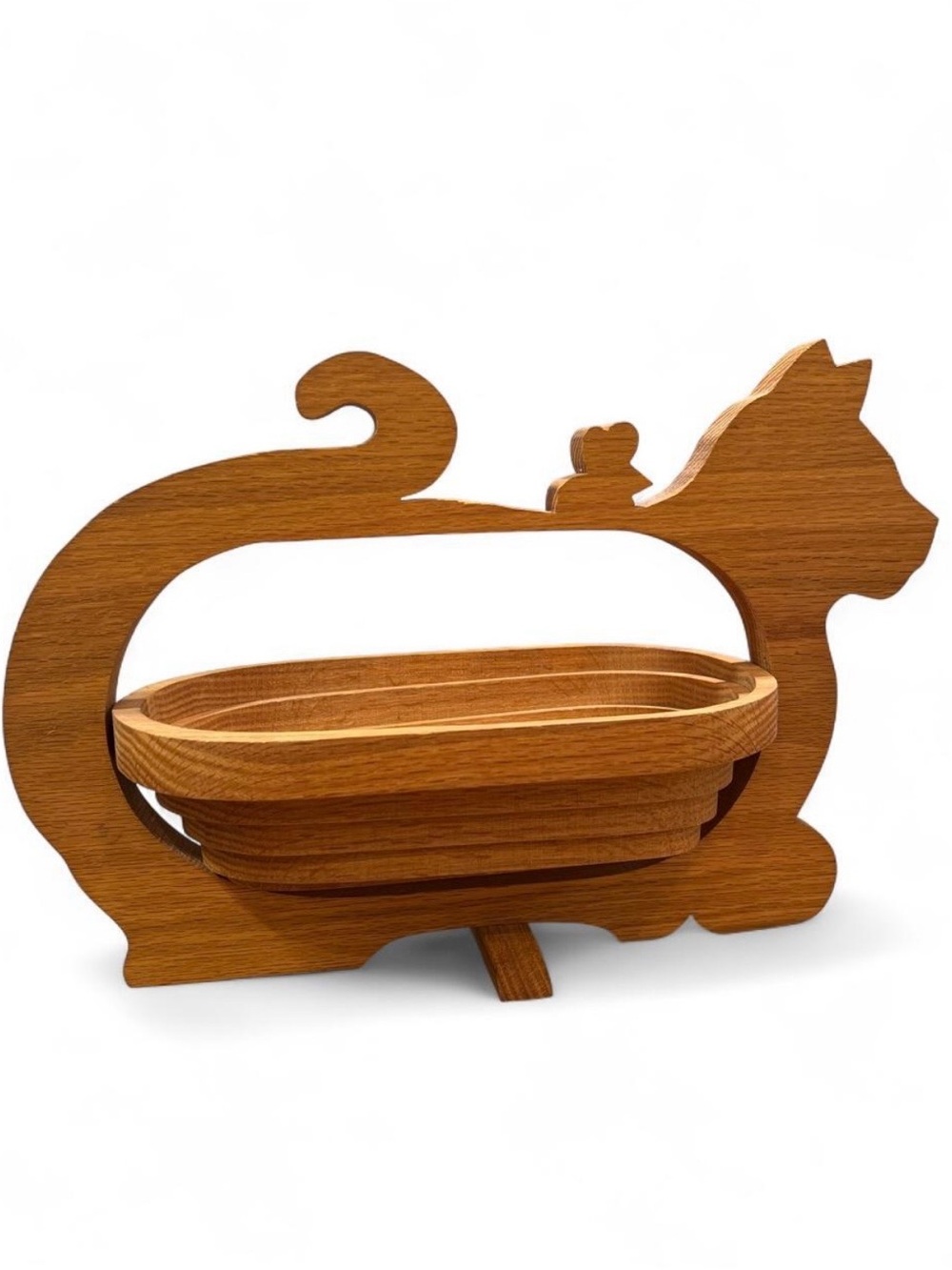 Authentic Pear Tree Wooden Cat & Mouse Collapsible Basket Folding Wood Bowl